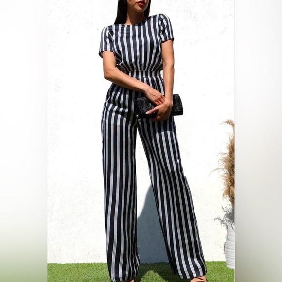 Olive/White Elastic Waist Band Pin Striped Jumpsuit - Picture 1 of 8